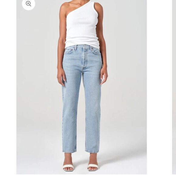AGOLDE 90s Pinch Waist High Rise Straight Light Wash Jeans Size 28 Distressed - Picture 1 of 15